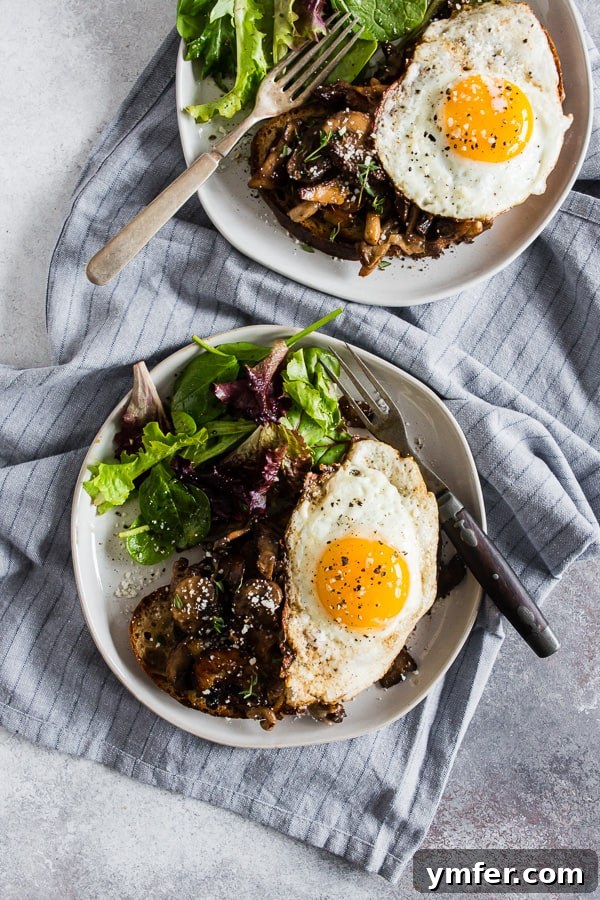 Garlicky Foraged Mushroom Toast 2 Garlic Wild Mushrooms on Toast served on a plate, showcasing golden toasted sourdough, sautéed wild mushrooms, fresh herbs, and a perfectly fried egg with a rich, runny yolk.