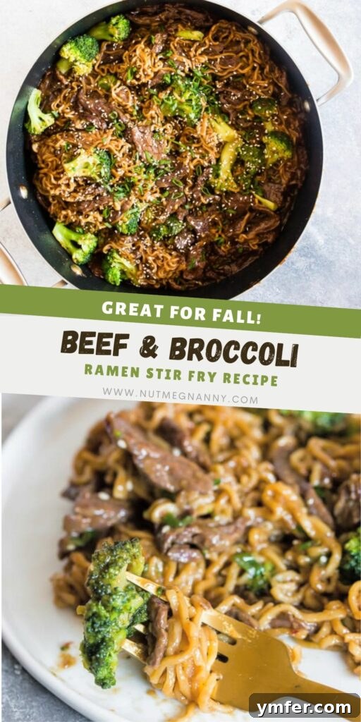 Easy Beef and Broccoli Ramen Noodles pin for Pinterest, showcasing the dish.