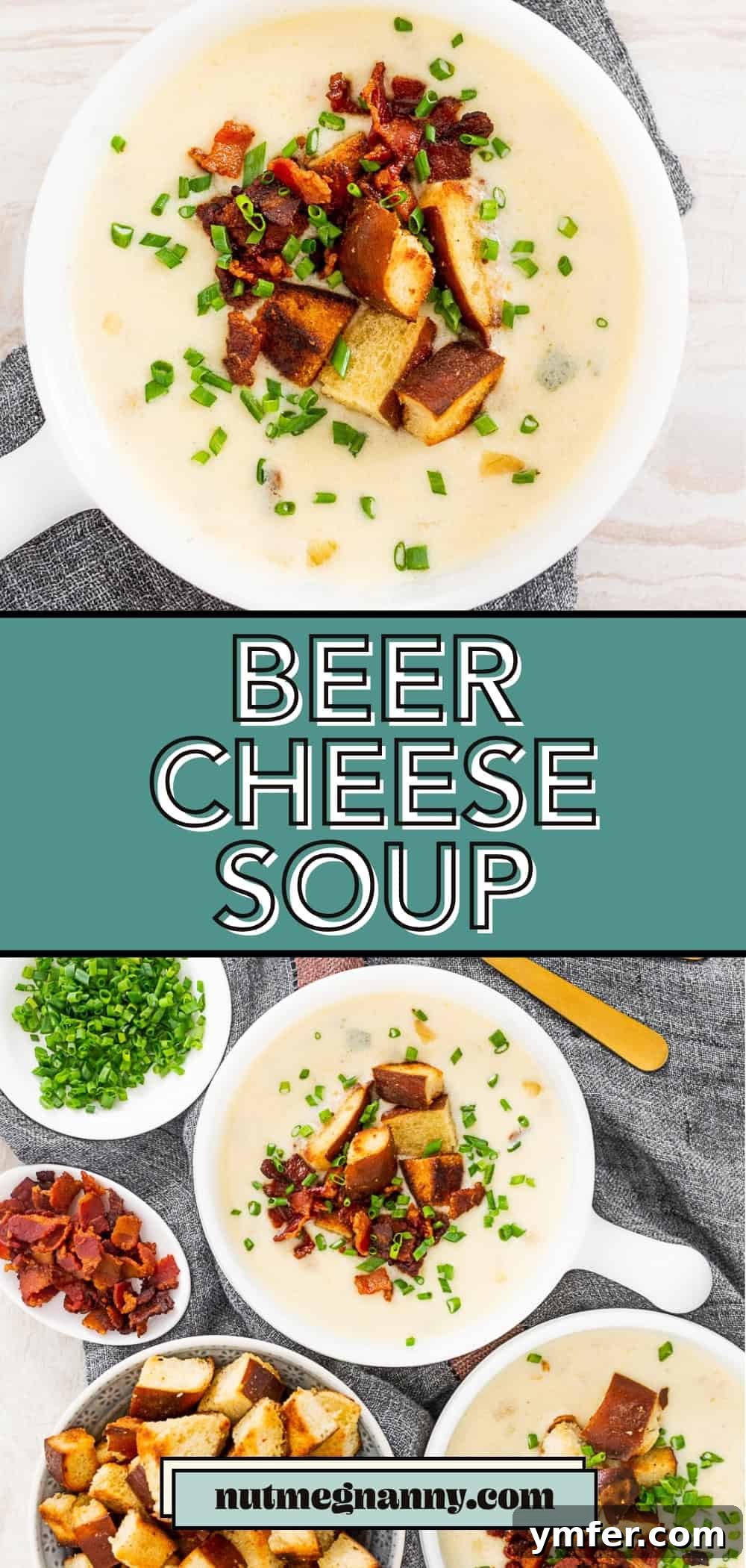 Champion Beer Cheese Soup 7 Vertical Pinterest pin image featuring a bowl of Beer Cheese Soup with pretzel croutons, chives, and bacon, with the text 'Beer Cheese Soup'.