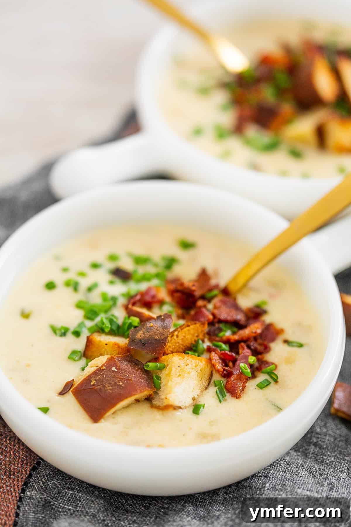 Champion Beer Cheese Soup 3 A single bowl of golden Beer Cheese Soup, garnished with a generous amount of crispy bacon, fresh chives, and crunchy pretzel croutons, with a spoon resting in the bowl.