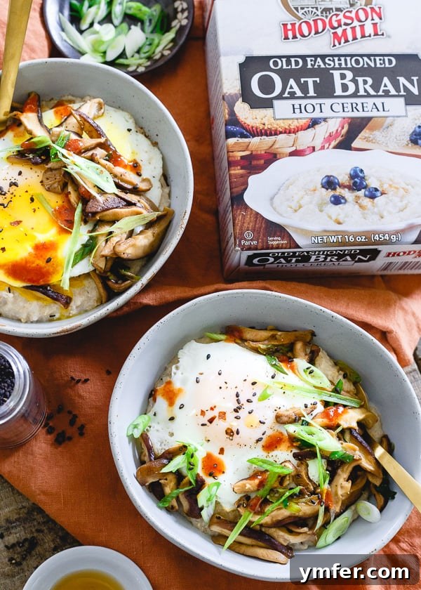 Asian Umami Oat Bran 3 Two bowls of Savory Asian Oat Bran, elegantly presented, ready for a delicious breakfast or brunch.