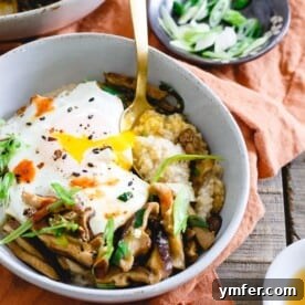 Asian Umami Oat Bran 8 This savory Asian oat bran is simmered with spices and topped with sauteed shiitake mushrooms, fried eggs and garnished with sriracha. It's the perfect savory breakfast twist to traditional oat bran. Plus, not only does it make a great breakfast but it's also great for lunch or dinner!