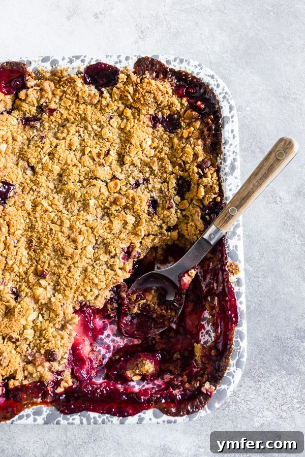 Cardamom Plum Crisp with Vanilla Bean 3 Cardamom Vanilla Plum Crisp in a baking dish, freshly baked and golden brown.