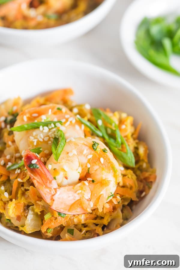 One-Pan Spicy Shrimp Egg Roll Bowl 4 A serving of Spicy Shrimp Egg Roll Skillet topped with vibrant green onions, showcasing its freshness.