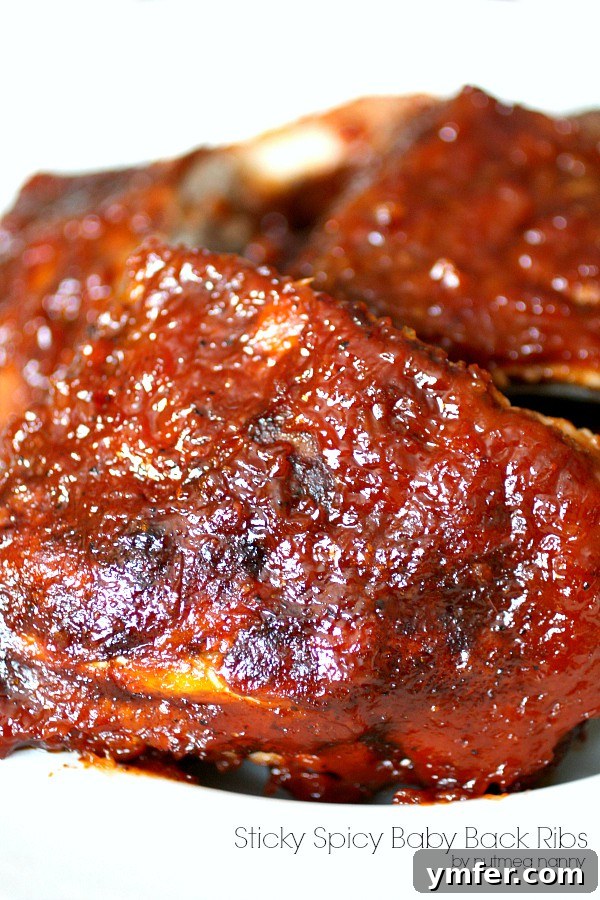 Caramelized Chili Baby Back Ribs 2 Sticky Spicy Baby Back Ribs, perfectly glazed and ready to eat, served with a side of sauce.