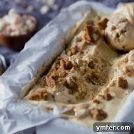 Creamy apple butter gingersnap ice cream in a container, scooped to show its texture and mix-ins.