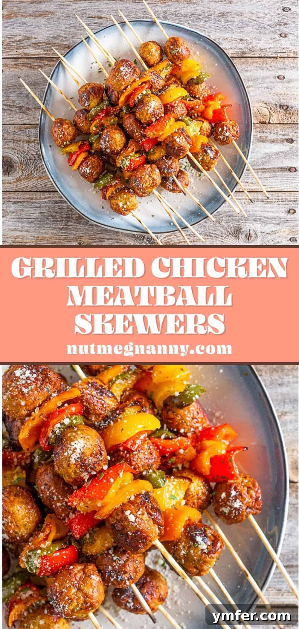 Fire-Kissed Chicken Meatball Skewers 6 Grilled Chicken Meatball Skewers pin for Pinterest. A long vertical image suitable for pinning on Pinterest, showcasing the skewers and listing key ingredients.