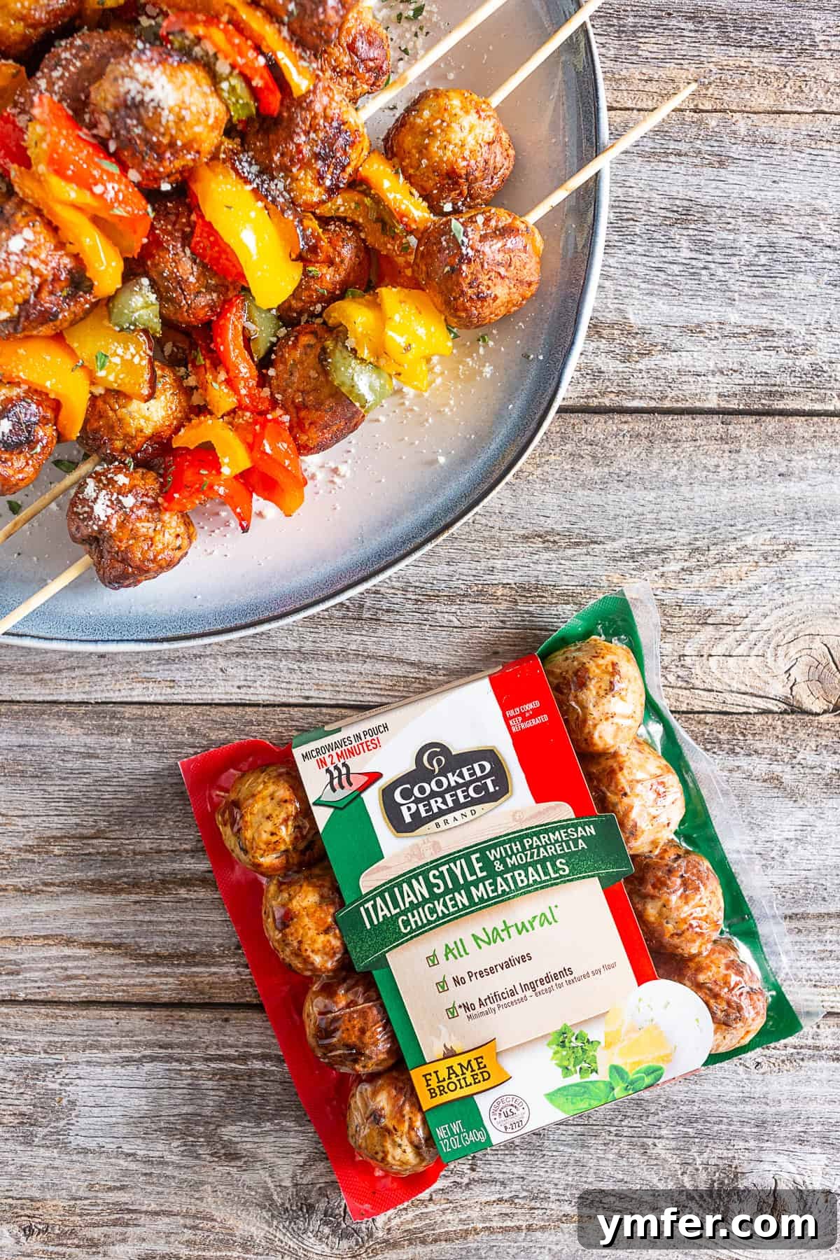 Fire-Kissed Chicken Meatball Skewers 3 A package of precooked chicken meatballs on a table, ready for grilling.