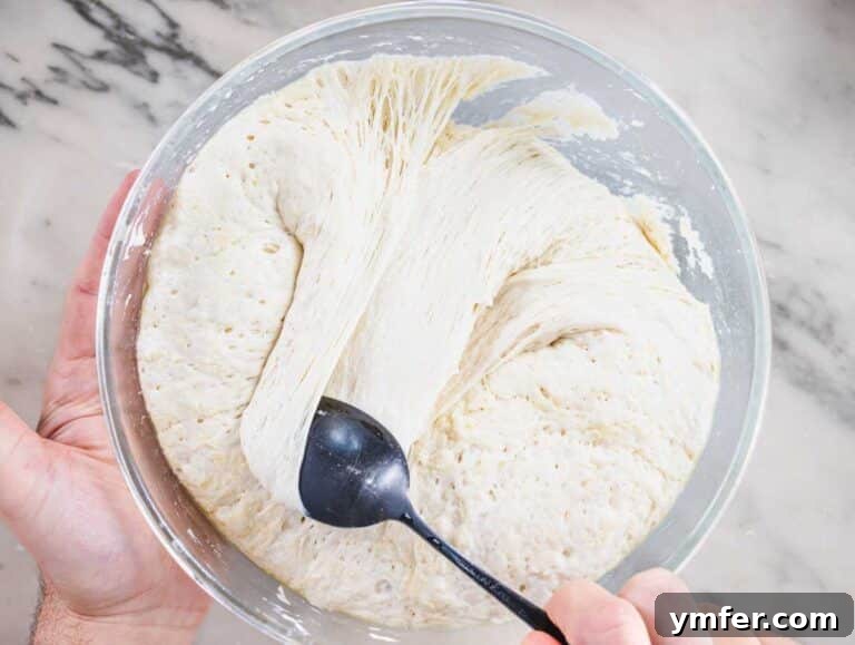 Golden Focaccia Perfection 16 Nico folding the dough in the bowl.