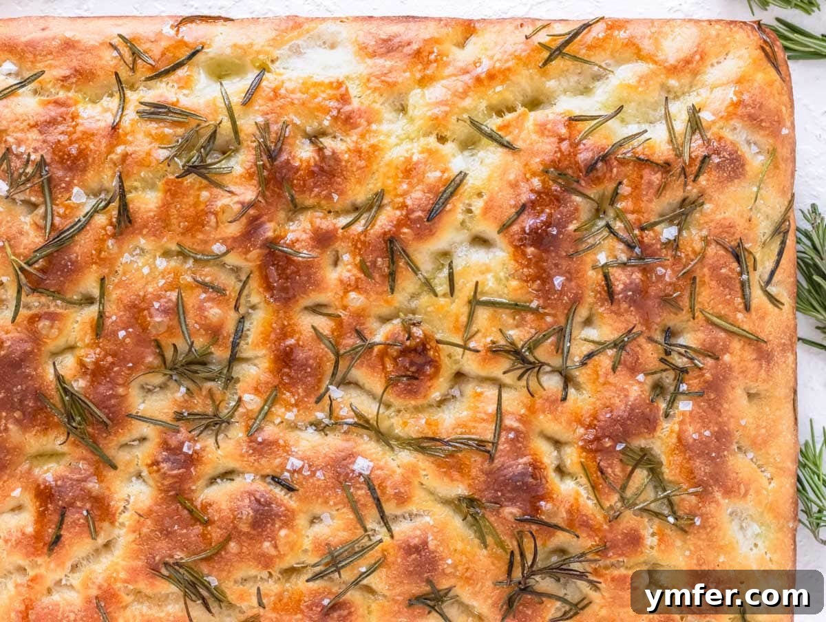 Golden Focaccia Perfection 3 Freshly baked focaccia generously topped with fragrant rosemary and glistening sea salt, ready to be enjoyed.