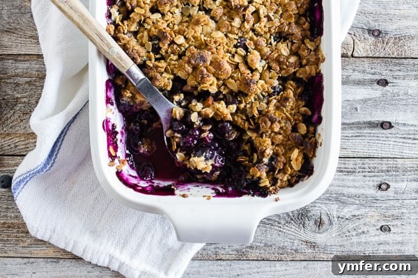 Rustic Rhubarb & Berry Crumble 6 A whole blueberry rhubarb crisp in a baking dish, perfectly golden and ready for serving, emphasizing its homemade appeal.