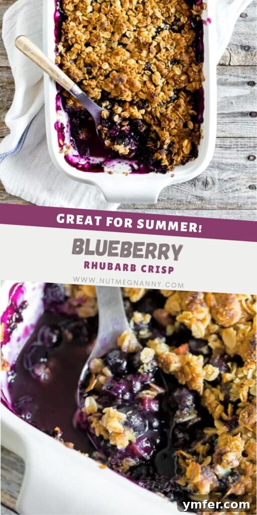 Rustic Rhubarb & Berry Crumble 8 A vibrant Pinterest graphic for Blueberry Rhubarb Crisp, inviting users to save the recipe for a perfect summer treat.