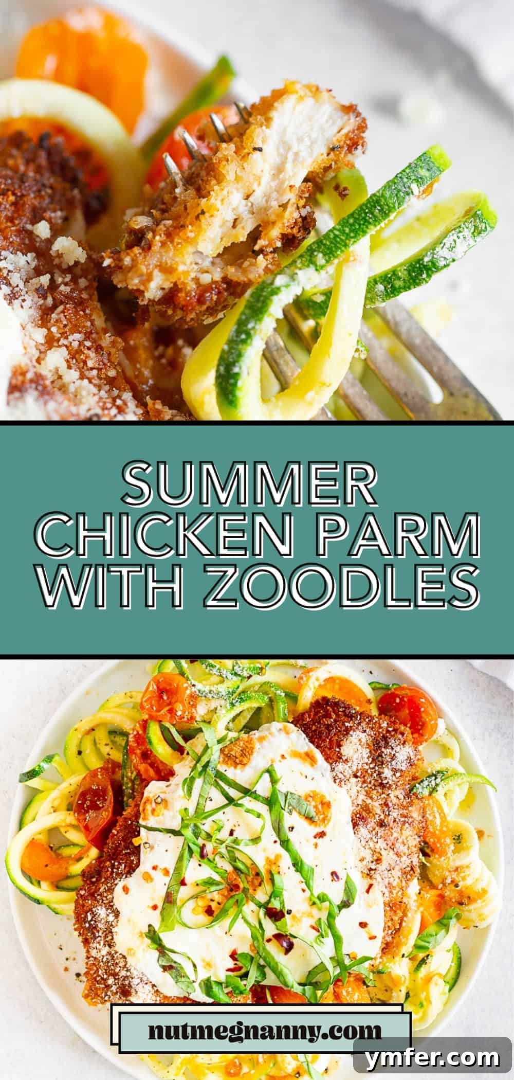 Summertime Zucchini Noodle Chicken Parm 7 Long Pinterest pin for Summer Chicken Parmesan with Zoodles, showcasing the dish with fresh ingredients and an appealing layout.
