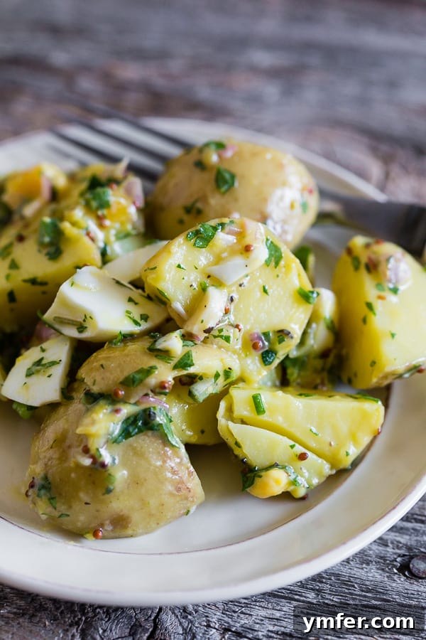 Sunshine Spud Salad 5 Honey Mustard Potato Salad served on a rustic plate, garnished with fresh herbs.