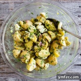 Sunshine Spud Salad 7 This honey mustard potato salad can be served warm or cold but the best part is that it's mayonnaise free, packed full of herbs and just the right amount of whole grain mustard and natural honey. It's a fun twist to traditional potato salad and you'll love the sweet and savory combination.