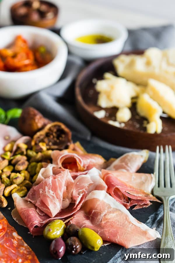Close-up of charcuterie board meats and olives.