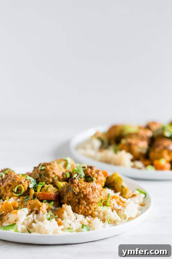 Zesty Red Curry Turkey Meatballs 6 Plated Red Curry Turkey Meatballs with rice and green onions, ready to serve.