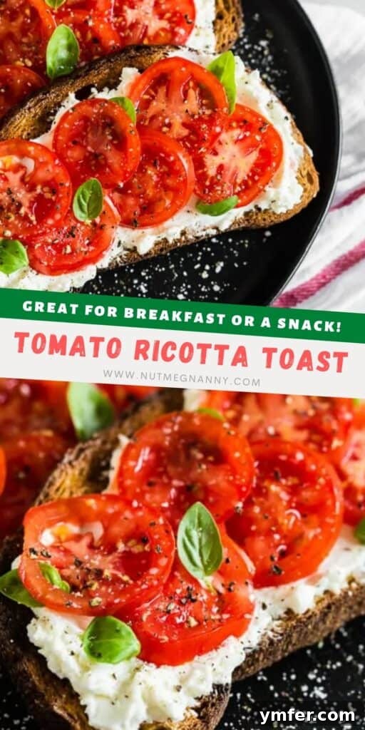 Tuscan Morning Toast 6 A vibrant image of tomato ricotta toast, perfect for pinning to your favorite recipe boards on Pinterest.