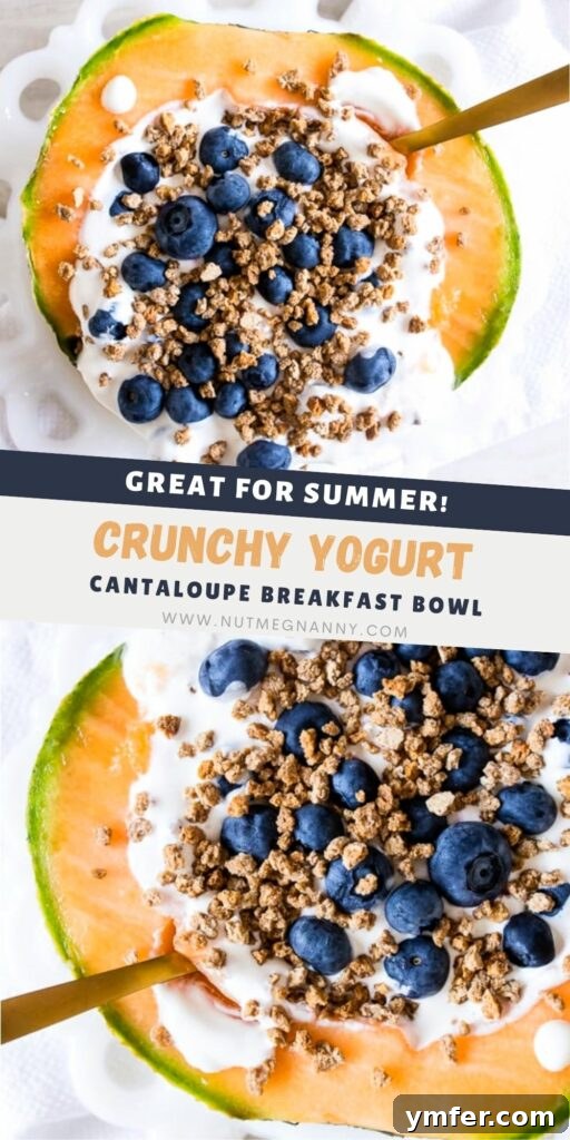 A Pinterest-optimized image for Crunchy Yogurt Cantaloupe Breakfast Bowl, designed for sharing and inspiration on social media.
