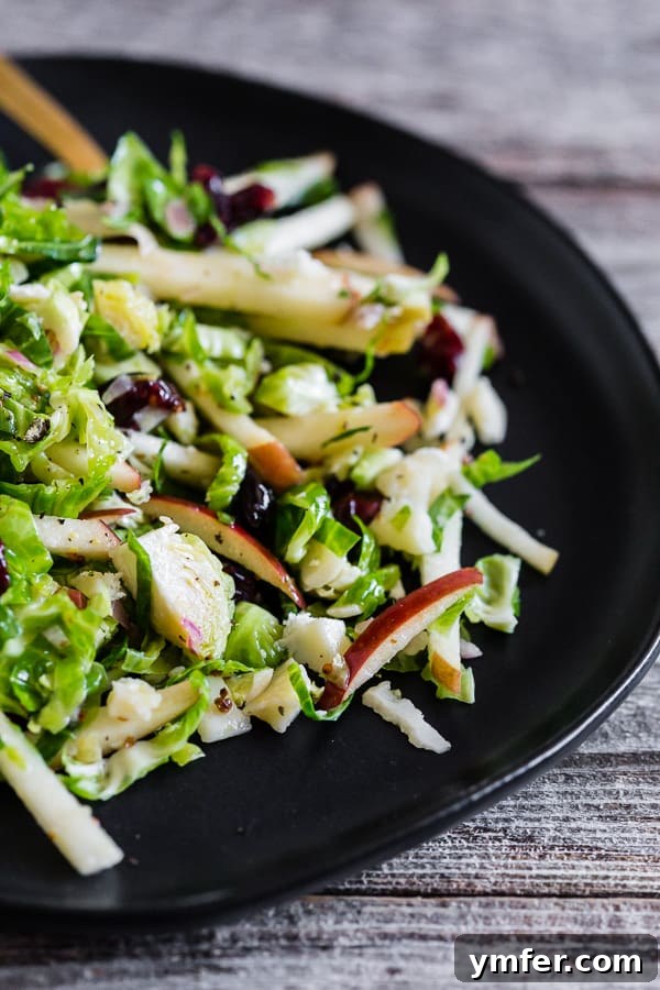 Zesty Apple & Brussels Slaw 4 Tangy Brussels Sprout Apple Slaw in a bowl, with the ingredients clearly visible and appetizing.