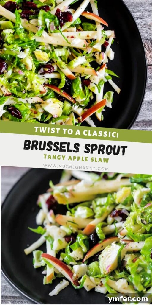Zesty Apple & Brussels Slaw 7 Tangy Brussels Sprout Apple Slaw pin for Pinterest. A visually appealing image for sharing on social media platforms like Pinterest.