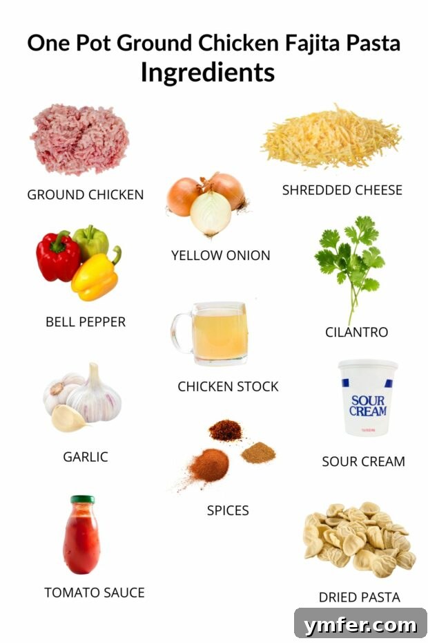 Zesty One-Pot Ground Chicken Fajita Pasta 3 A vibrant display of ingredients for One-Pot Ground Chicken Fajita Pasta, including fresh bell peppers, onions, chicken, and spices.