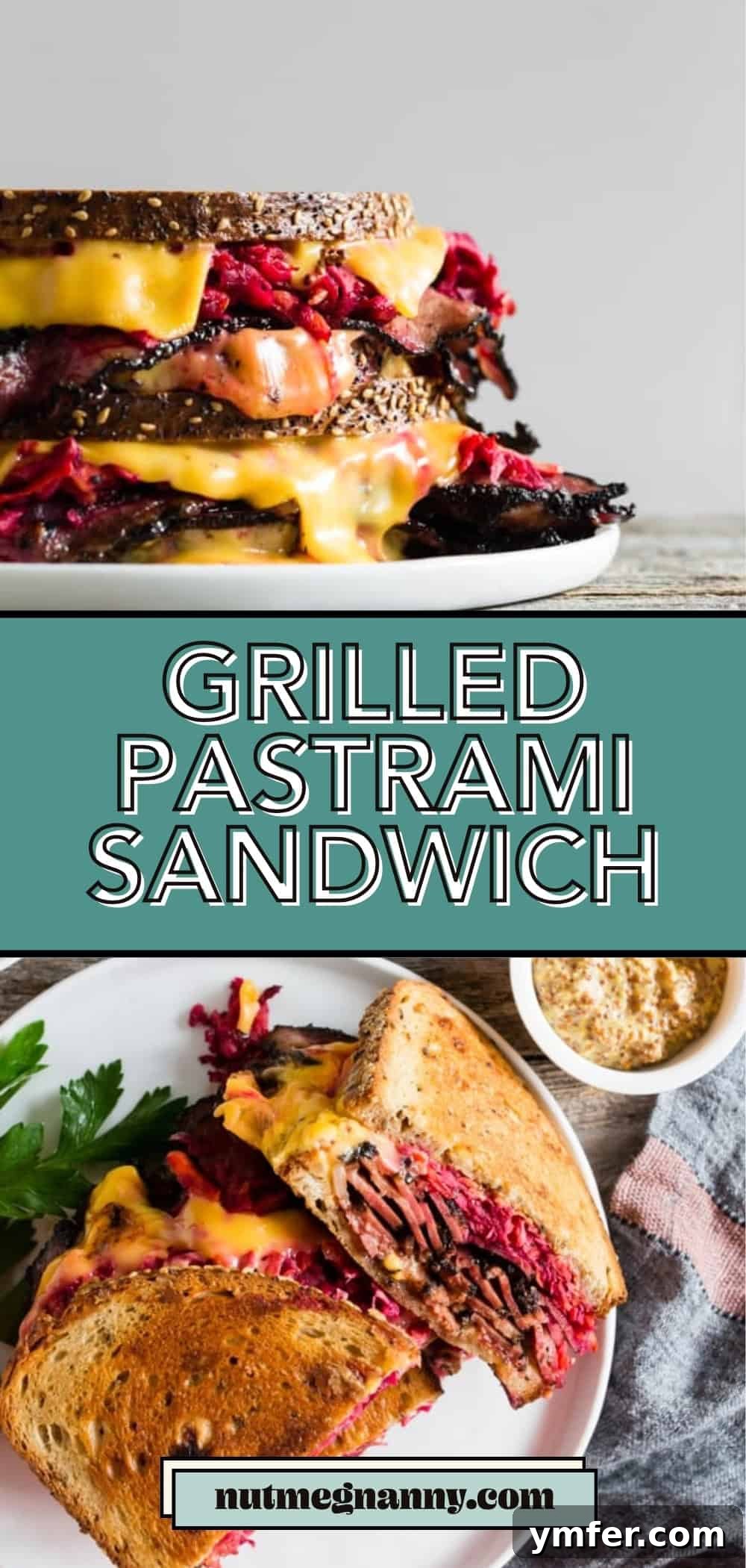 Grilled Pastrami and Root Slaw Sandwich 8 Grilled Pastrami Sandwich with Root Vegetable Slaw Pinterest pin, showing a tall, delicious sandwich.