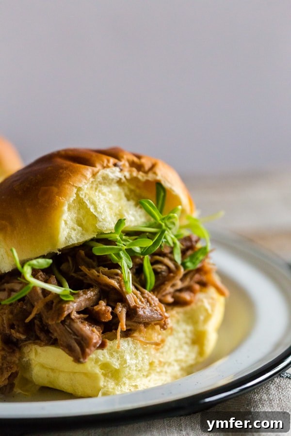 Cranberry Infused Instant Pot Pulled Pork 4 A close-up of Instant Pot Cranberry Sauce Pulled Pork on a bun, topped with delicate micro-greens, highlighting its gourmet presentation.