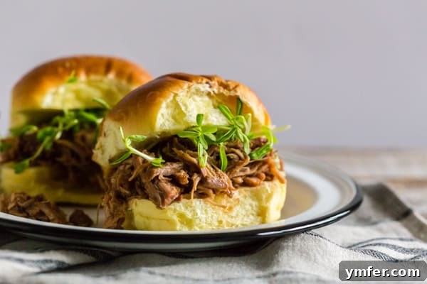 Cranberry Infused Instant Pot Pulled Pork 7 A close-up view of Instant Pot Cranberry Sauce Pulled Pork served on a delicate potato bun, garnished minimally to highlight the dish.