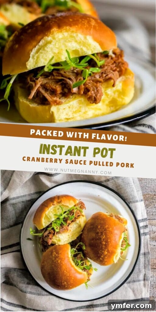 Cranberry Infused Instant Pot Pulled Pork 9 A visually appealing Pinterest pin graphic for Instant Pot Cranberry Sauce Pulled Pork, featuring the finished dish on a bun against an autumn-themed background.