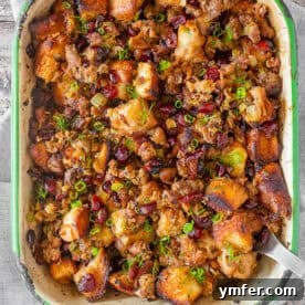 Delicious Texas Toast Stuffing baked in a casserole dish.