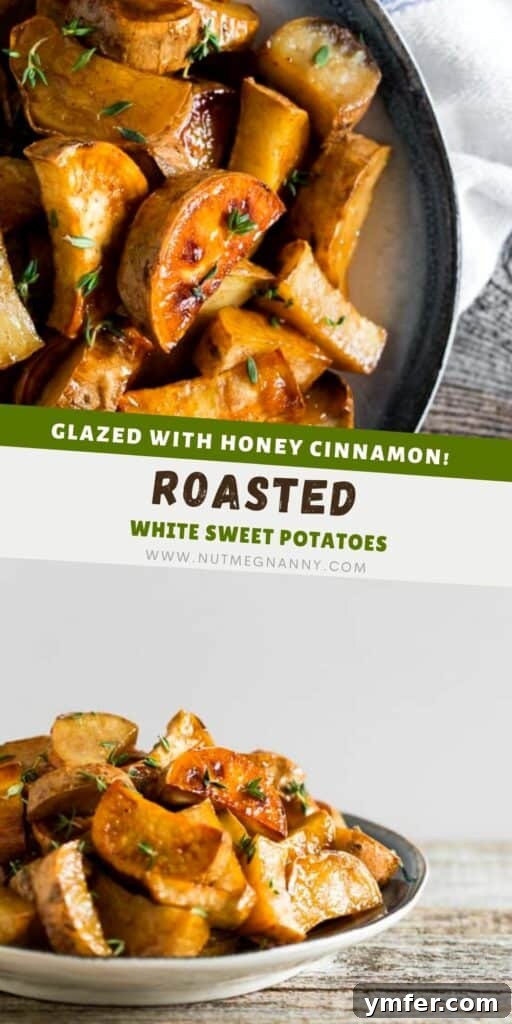 Roasted White Sweet Potatoes pin for pinterest, showcasing a beautiful image for social media sharing.