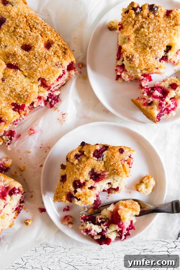 Bright Cranberry Vanilla Buttermilk Cake 5 Multiple slices of Vanilla Cranberry Buttermilk Cake served on individual dessert plates, ready for a festive gathering.
