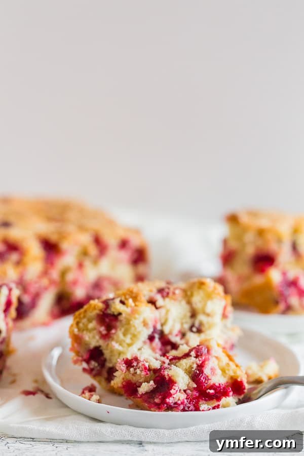 Bright Cranberry Vanilla Buttermilk Cake 6 A single slice of Vanilla Cranberry Buttermilk Cake on a plate with a fork, emphasizing its inviting texture and festive appearance.