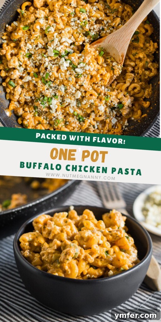Creamy One Pot Buffalo Chicken Pasta 10 A visually appealing Pinterest pin graphic for One Pot Buffalo Chicken Pasta, encouraging users to save the recipe.