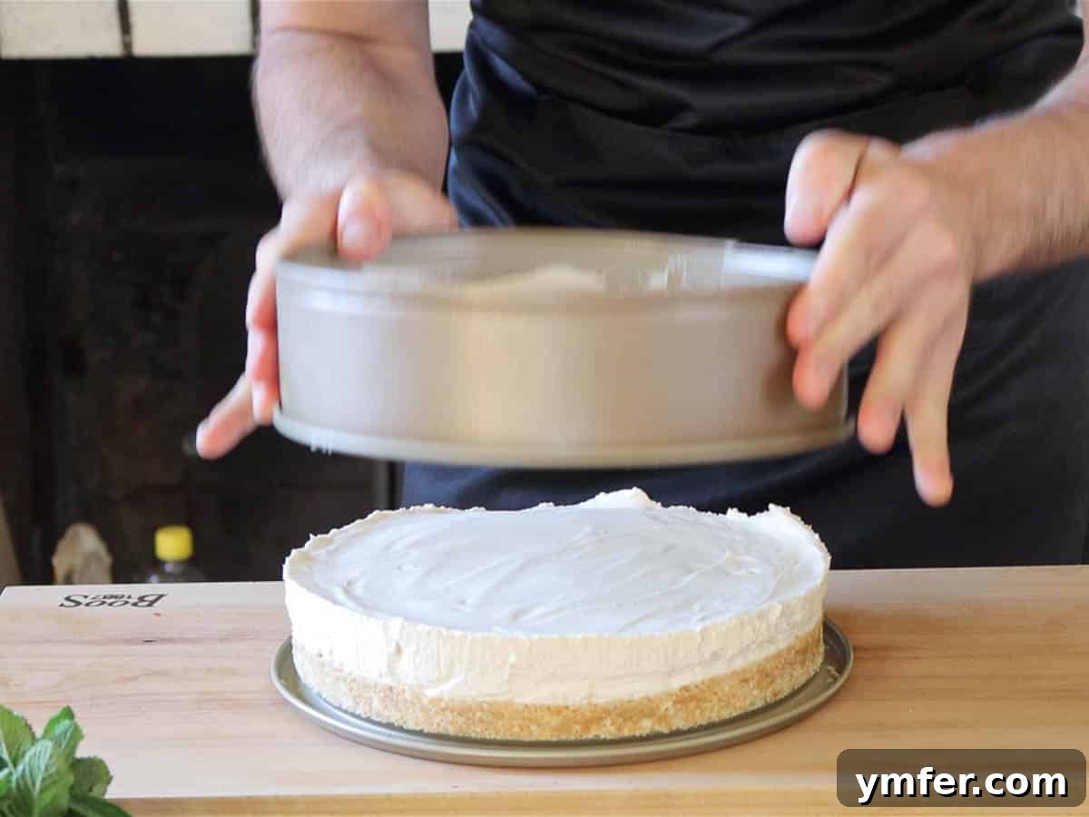 Creamy No-Bake Vegan Cheesecake 9 A fully set vegan cheesecake after cooling, removed from the springform pan.