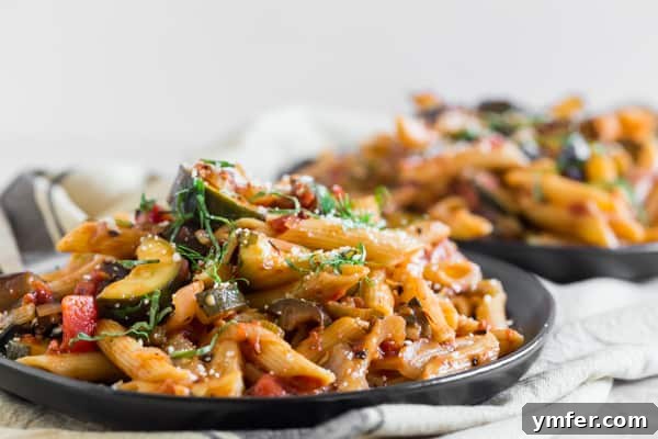 Provencal Pasta Medley 3 A close-up of Ratatouille Pasta with fresh basil leaves on top, ready to be served.