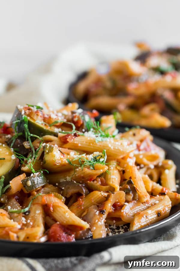 Provencal Pasta Medley 6 Ratatouille Pasta sprinkled generously with grated Parmesan cheese and fresh basil.