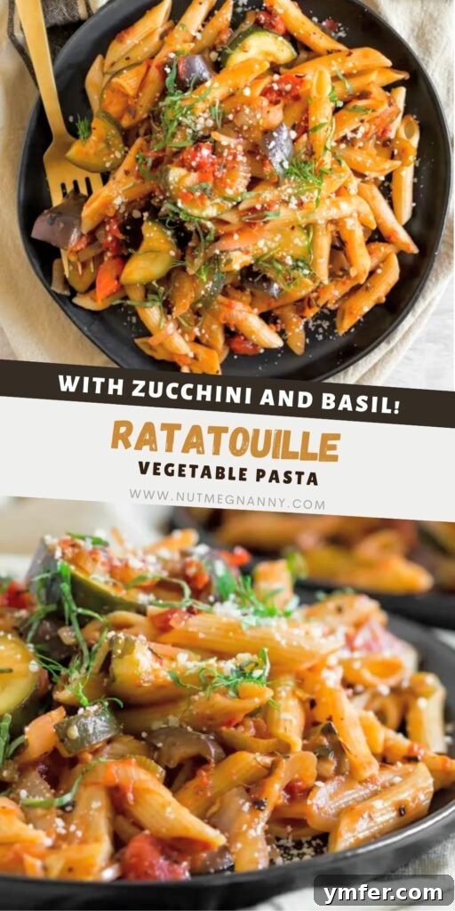 Provencal Pasta Medley 8 Ratatouille Pasta pin for Pinterest. A vibrant dish of pasta with stewed vegetables in a rustic bowl.