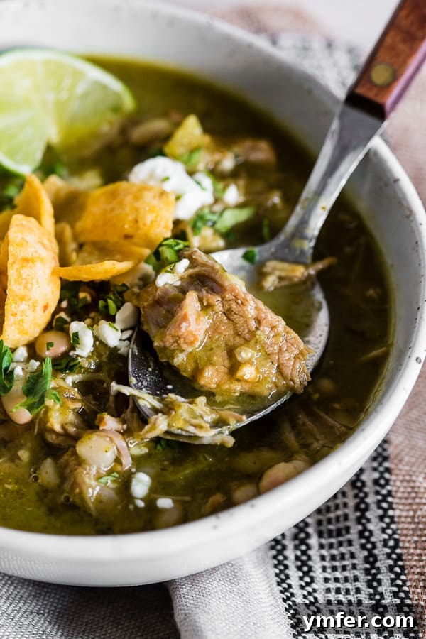 Zesty Instant Pot Pork Chili Verde 5 A portion of Instant Pot Pork Chili Verde on a spoon, showcasing the tender pork and rich green sauce, lifted from a full bowl.