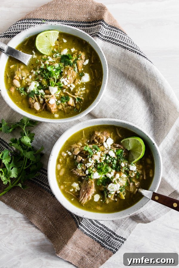 Zesty Instant Pot Pork Chili Verde 6 A bowl of Instant Pot Pork Chili Verde topped with fresh cilantro and cotija cheese, ready to be served and savored.