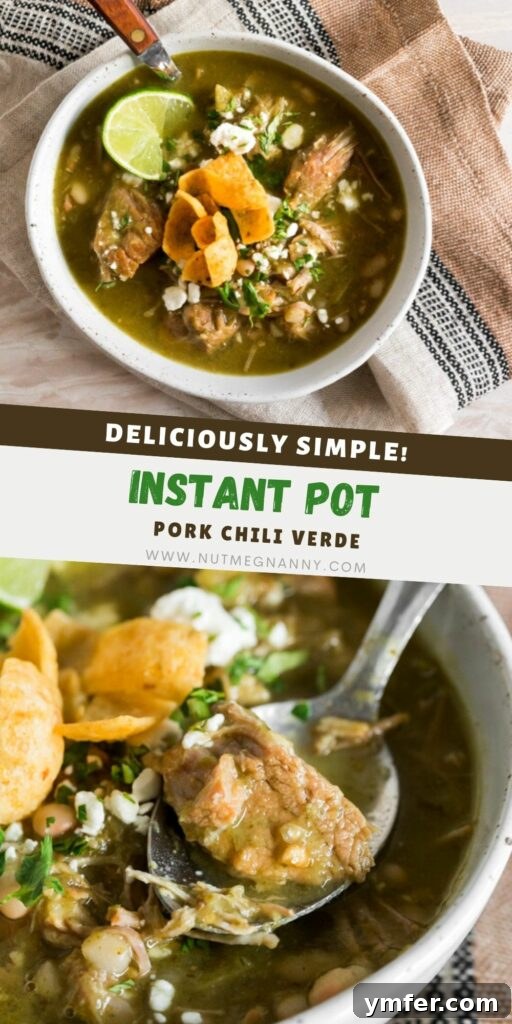 Zesty Instant Pot Pork Chili Verde 8 Instant Pot Pork Chili Verde pin for Pinterest. A vertical image designed for sharing on social media, featuring the delicious chili.