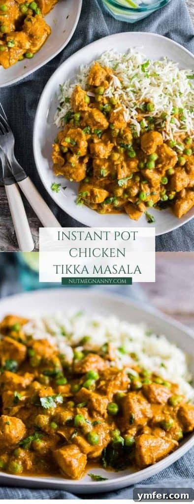 Restaurant-Quality Instant Pot Chicken Tikka Masala 8 Instant Pot Chicken Tikka Masala pin for pinterest, showing a vibrant dish with rice and cilantro.