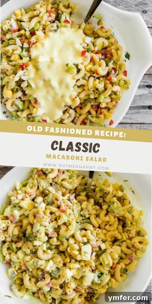 Grandma's Macaroni Salad 9 Classic Macaroni Salad pin for Pinterest. A large bowl of creamy macaroni salad with fresh vegetables and eggs.