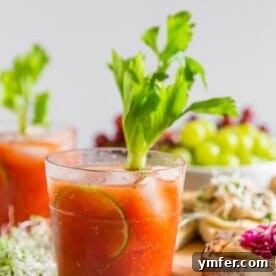 This horseradish bloody mary is slightly spicy, packed full of flavor and the perfect addition to any party or this tasty hummus toast brunch spread. Plus it's ready in just 5 minutes so it's the perfect party cocktail!