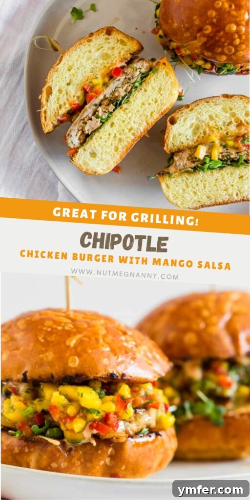 Chipotle Chicken Burgers Topped with Mango Salsa pin for Pinterest. 