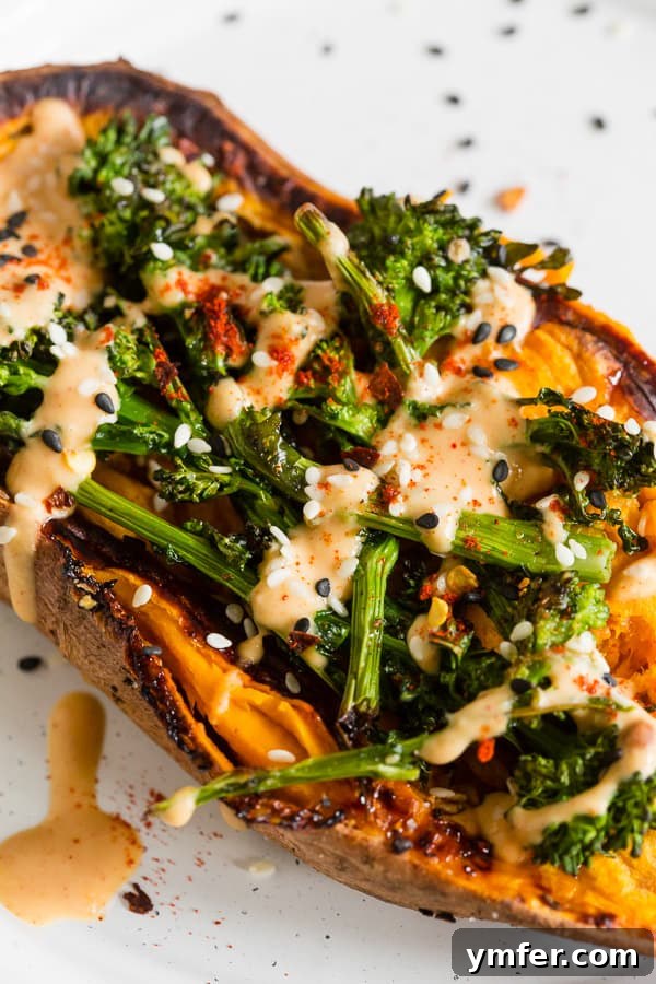 Loaded Sweet Potatoes with Broccoli Rabe and Hummus 3 Close-up view of roasted broccoli rabe and creamy hummus dressing generously topping baked sweet potatoes on a plate.