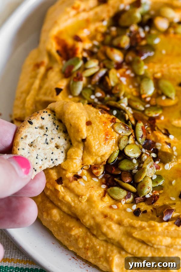 Quick Autumn Pumpkin Hummus 3 A cracker being dipped into a bowl of easy pumpkin hummus, highlighting its creamy texture.