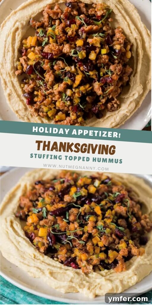 Stuffing Crusted Hummus 8 Thanksgiving Stuffing Topped Hummus pin for Pinterest. A vibrant dish ready for sharing.
