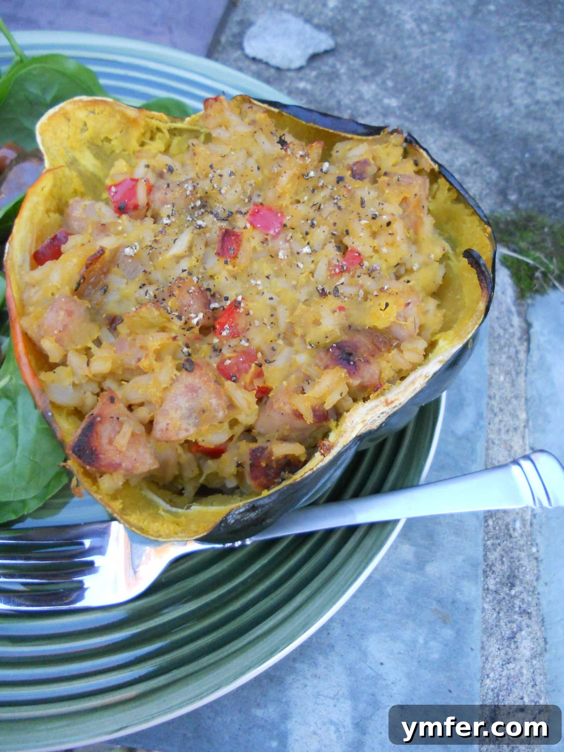 Chicken Sausage and Brown Rice Stuffed Acorn Squash Close-up of a beautifully baked chicken sausage and brown rice stuffed acorn squash, ready for a comforting meal.